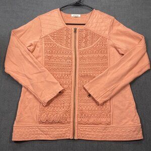 Orvis Womens Size Medium Coral Pink Crochet Front Zip Jacket 100% Cotton knit
